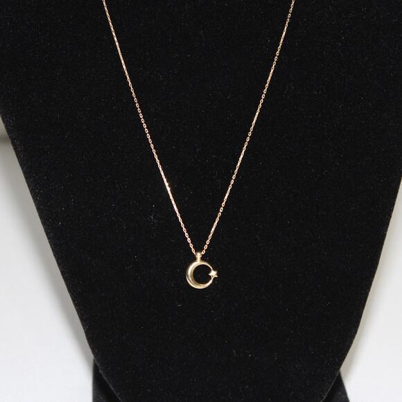 Moon & Star Turkish Flag Ay Yildiz 14k Gold Necklace 585 Yellow Gold 1.56 Grams - Picture 4 of 6